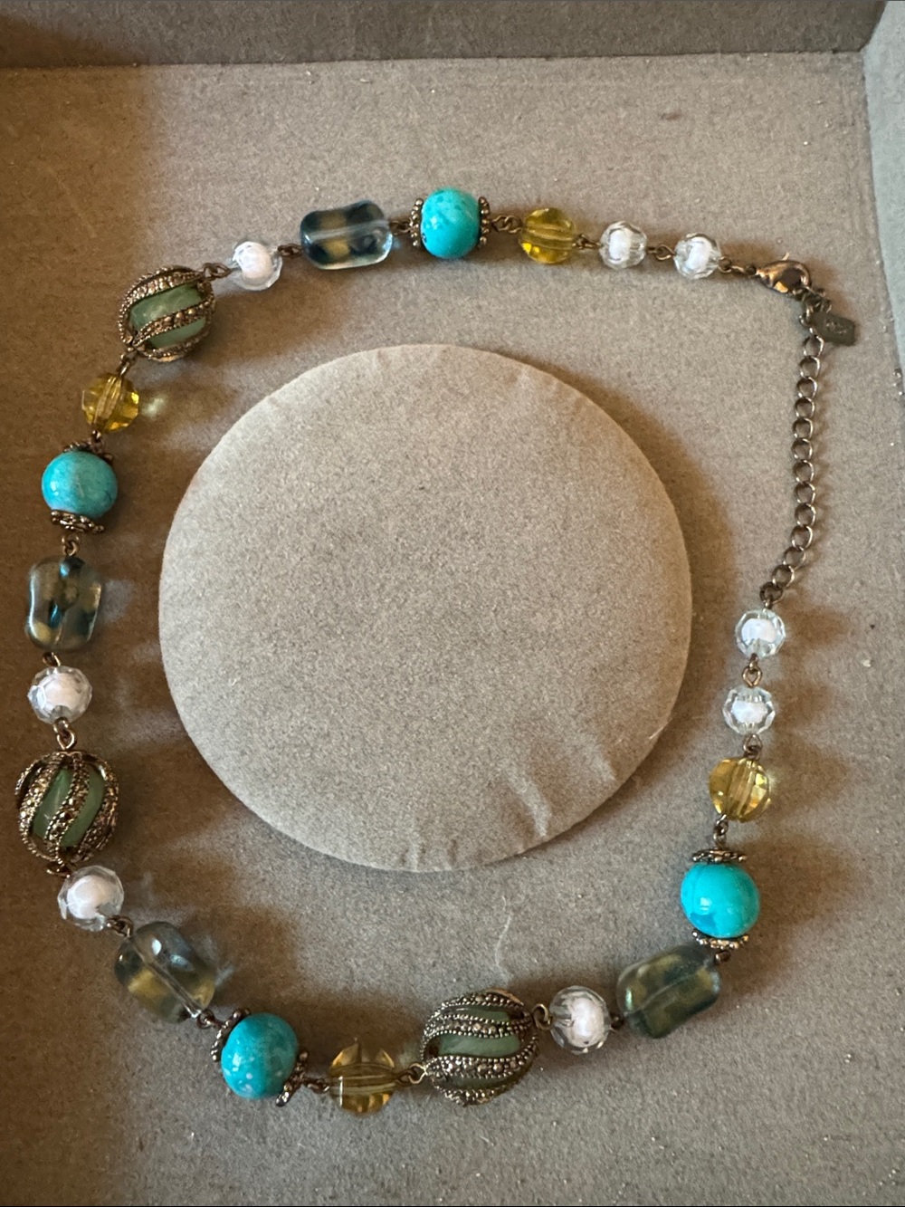 1928 Turquoise & Olive Glass Bead Necklace - 19”